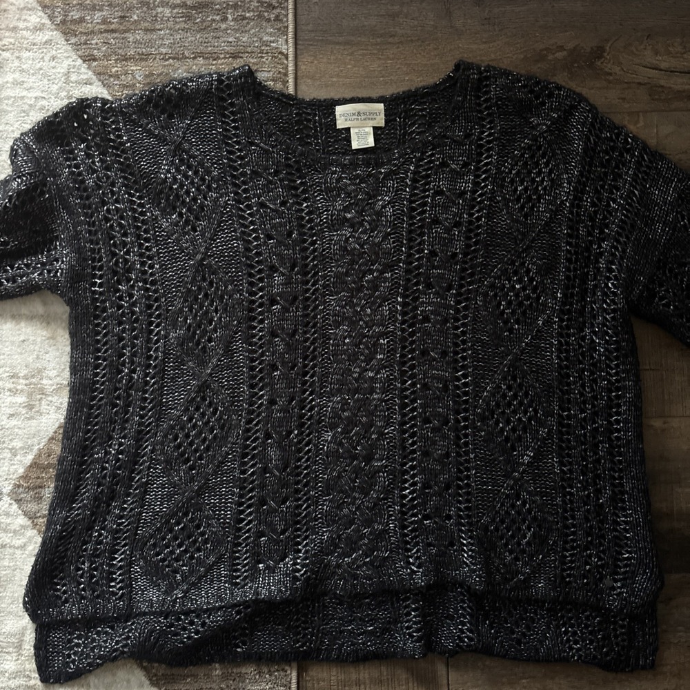 Ralph Lauren Denim & Supply Women's XL Black Open Weave Boho Cable Knit Sweater